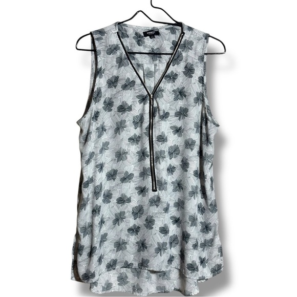 Premise Blue/Gray Floral Geometric Print High-Low 1/2 Silver Zip Front Blouse - Picture 10 of 16